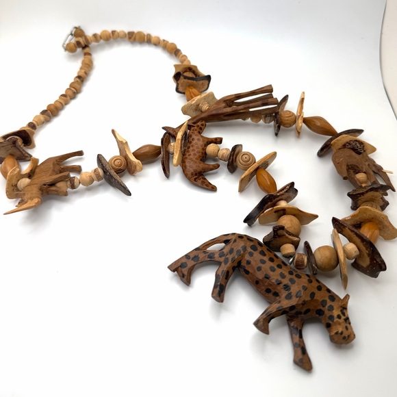 Handcrafted Safari Carved Animal with wooden beads Statement Necklace - Picture 2 of 9